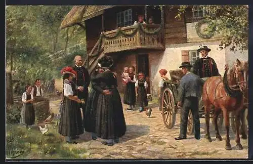 Künstler-AK Heinrich Hoffmann: Abschied vom Elternhaus, Menschen in Tracht und Pferdekutsche