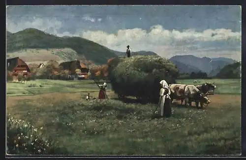 Künstler-AK H. Hoffmann: Heuernte im Schwarzwald, Bauernfamilie mit Heuwagen