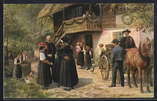 Künstler-AK H. Hoffmann: Braut verabschiedet sich von ihren Eltern im Schwarzwald