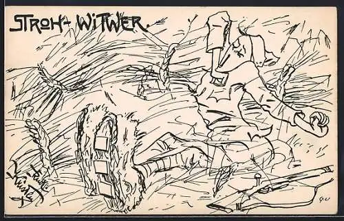 Künstler-AK Rud. Kristen: Stroh-Witwer, Soldat wacht im Stroh auf