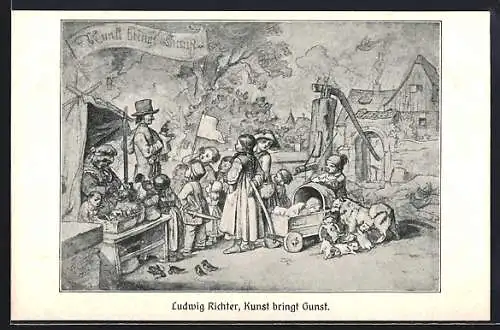 Künstler-AK Ludwig Richter: Kunst bringt Gunst, Kinder an einem Stand