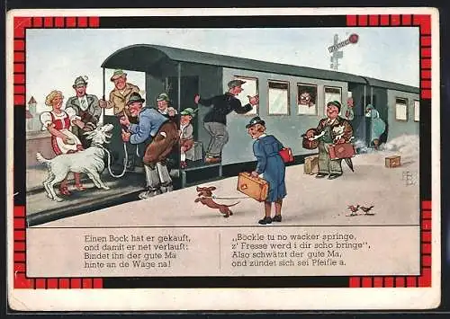 Künstler-AK Hans Boettcher: Auf der schwäbischen Eisenbahn, Einen Bock hat er gekauft