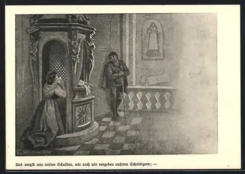 Künstler-AK E. Döcker: Und vergib uns unsere Schulden..., Frau im Beichtstuhl