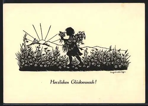 Künstler-AK Josefine Allmayer: Kind mit Blumen und aufgehende Sonne
