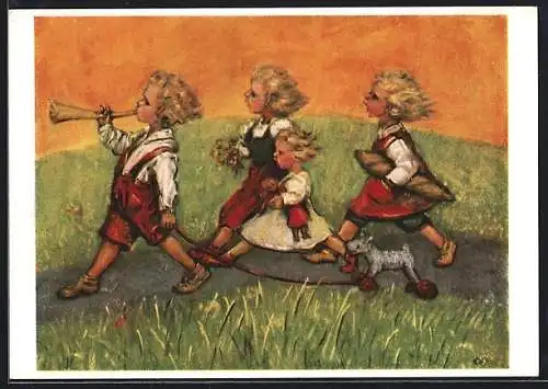 Künstler-AK Maria Spötl: Wer will mit?, Kinder mit Spielzeughund u Puppe auf d. Weg