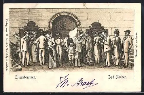 Lithographie Bad Aachen, Leute am Elisenbrunnen