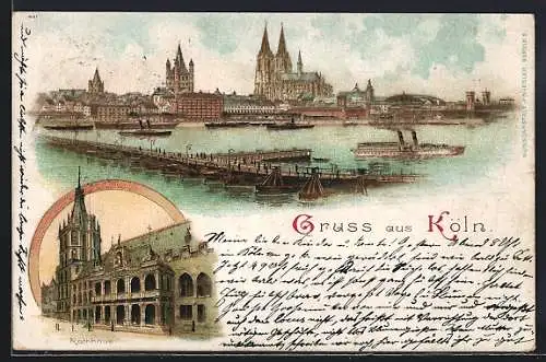 Lithographie Köln, Blick über den Rhein auf Dampfer und den Dom
