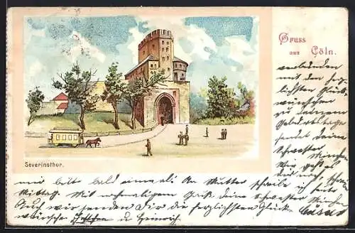 Lithographie Köln, Severinstor mit Pferdebahn
