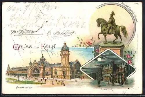 Lithographie Köln, Mehrere Motive mit Haupthbahnhof, Denkmal Friedrich Wilhelm IV. und Gürzenich