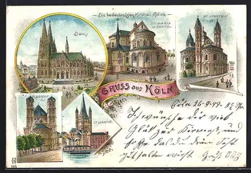 Lithographie Köln, Dom, St. Aposteln, St. Gereon