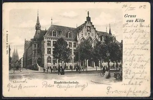 AK Köln-Neustadt, Handelshochschule mit Strassenpartie, Im Hintergrund Kirche