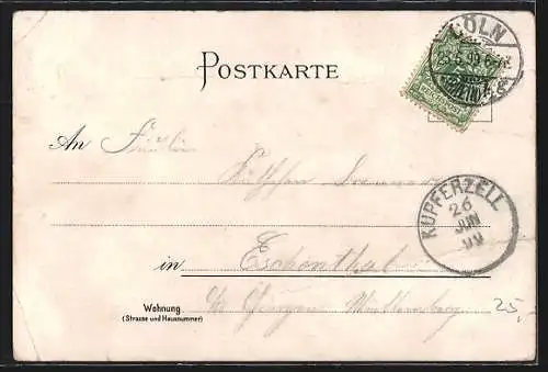 Lithographie Köln, Seitenansicht des Doms, Denkmal Kaiser Wilhelm I., Wappen um 1900