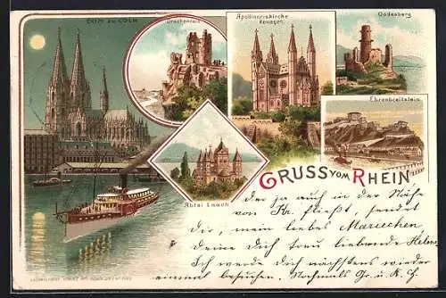 Lithographie Köln, Dampfer und Dom, Abtei Laach und Godesberg