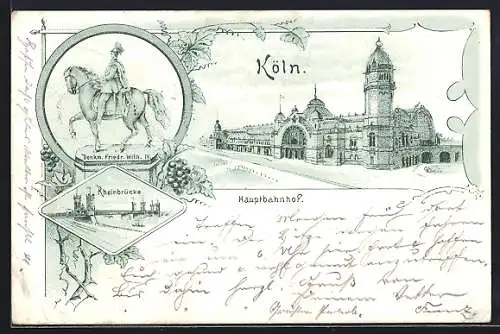 Lithographie Köln, Hauptbahnhof, Rheinbrücke, Denkmal Friedr. Wilhelm IV.