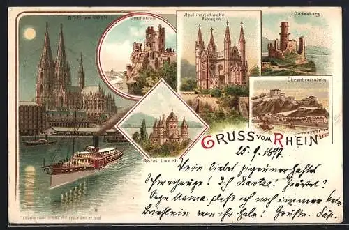 Lithographie Köln, Dampfer und Dom, Abtei Laach und Godesberg