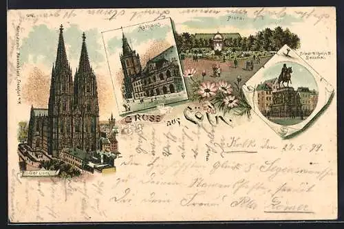 Lithographie Köln, Kölner Dom, Rathaus, Flora