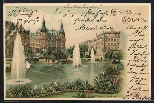 Lithographie Köln-Neustadt, Anlagen und Gebäude am Deutschen Ring, beleuchtete Fenster und Fontäne