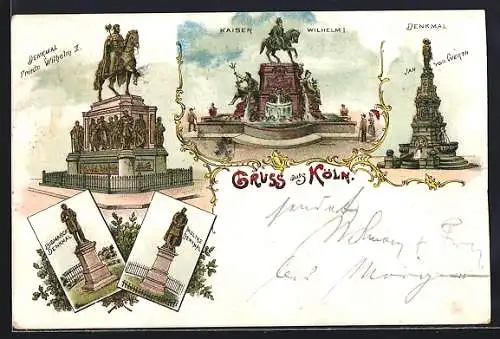 Lithographie Köln, Denkmal Friedrich Wilhelm III, Kaiser Wilhelm I