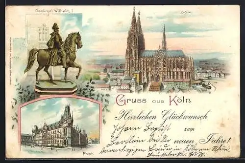 Lithographie Köln, Denkmal Wilhelm I, Post und Dom