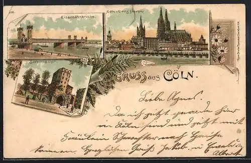 Lithographie Köln, Severinsthor, Eisenbahnbrücke, Panorama von Deutz gesehen