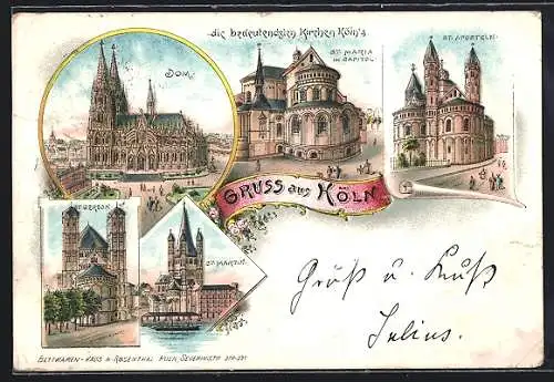 Lithographie Köln, Dom, St. Aposteln, St. Gereon
