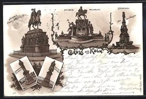 Lithographie Köln, Denkmal Friedrich Wilhelm III., Kaiser wilhelm I., Bismarck-Denkmal