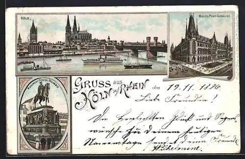 Lithographie Köln, Neues Post-Gebäude, Monument Friedrich Wilhelm III., Dom