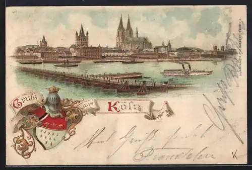 Lithographie Köln, Panoramaansicht mit Dom und Hafen