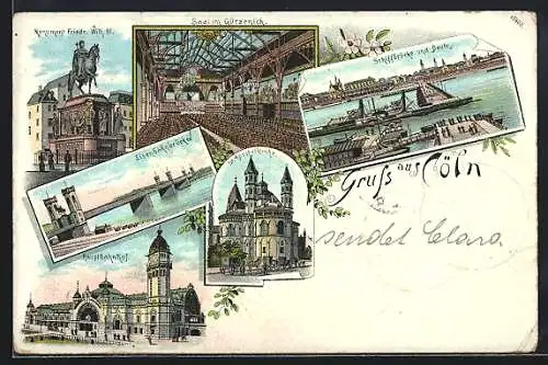 Lithographie Köln, Schiffbrücke, Hauptbahnhof und Eisenbahnbrücke