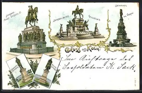 Lithographie Köln, Denkmal Friedrich Wilhelm III., Denkmal von Werth, Moltke-Denkmal