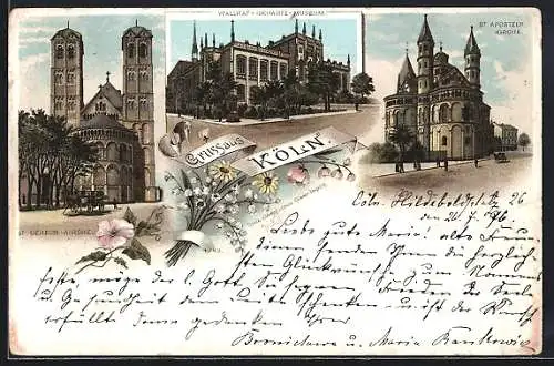 Lithographie Köln, Gereon-Kirche, Wallraf-Richartz-Museum, St. Aposteln-Kirche