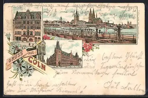 Lithographie Köln, Rathaus, Post, Ortsansicht von der Schiffbrücke gesehen