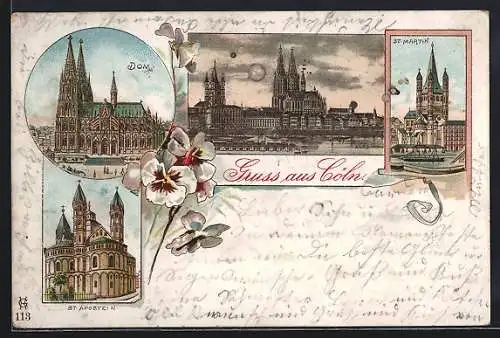 Lithographie Köln, Dom, St. Martin, St. Aposteln, Totale
