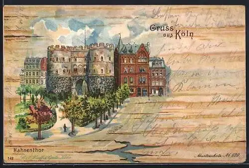 Lithographie Köln, Partie am Hahnentor, Holzimitat