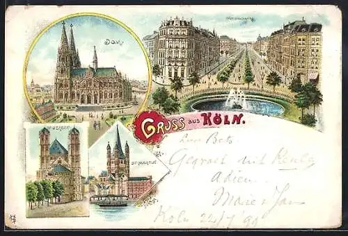 Lithographie Köln, Dom, St. Gereon und St. Martin