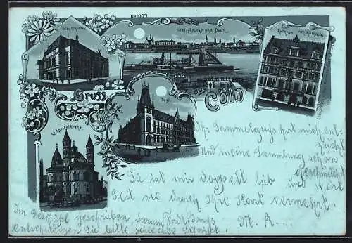 Mondschein-Lithographie Köln, Rathaus am Atlmarkt, Schiffbrücke und Deutz, Stadttheater
