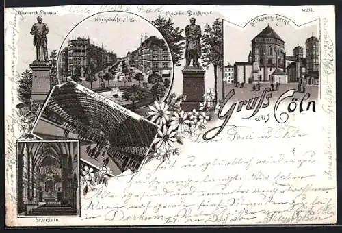 Lithographie Köln, Hauptbahnhof Inneres, St. Gereon-Kirche, Bismarck-Denkmal