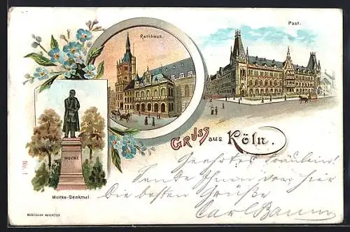 Lithographie Köln, Rathaus, Post, Moltke-Denkmal