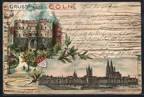 Lithographie Köln, Uferpartie mit Kirche, Hahnentor