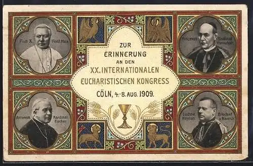 AK Köln, XX. Internationaler Eucharistischer Kongress 1909, Papst Pius X. & Antonius Kardinal Fischer