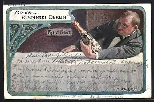 Künstler-AK Berlin, Hotel Kempinski, Eleganter Herr hält Sektflasche