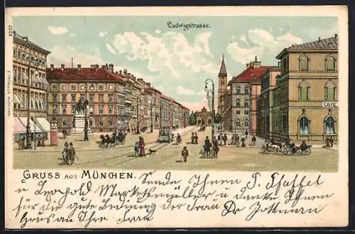 Lithographie München, Strassenbahn in der Ludwigstrasse, Pferdekutschen