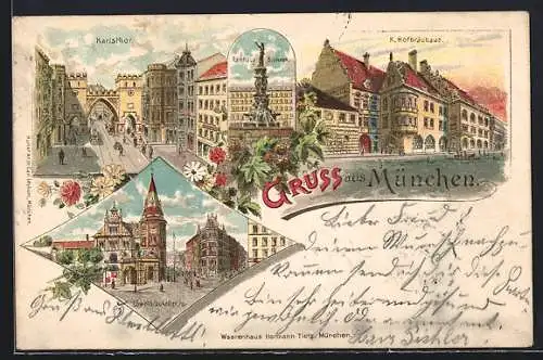 Lithographie München, Münchner Hofbräuhaus, Karlstor, Löwenbräukeller