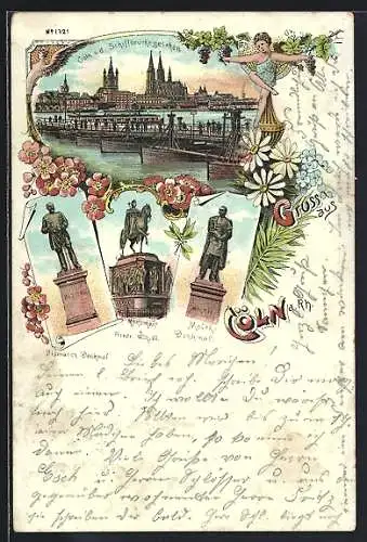 Lithographie Köln a. Rh., Uferpartie mit Dom von der Schiffbrücke gesehen, Bismarck-Denkmal, Monument Friedr. Wilh. III.