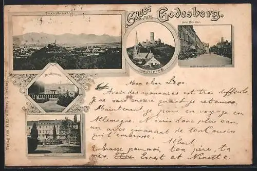 Vorläufer-AK Godesberg, 1891, Hotel Blinzler, Wasserheilanstalt, Stahlbrunnen