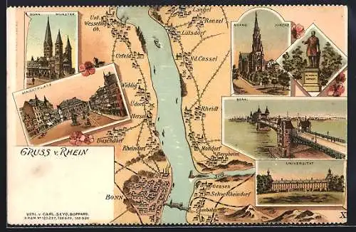 Lithographie Bonn /Rhein, Münster, Marktplatz, Landkarte mit Buschdorf, Rheindorf und Hersel