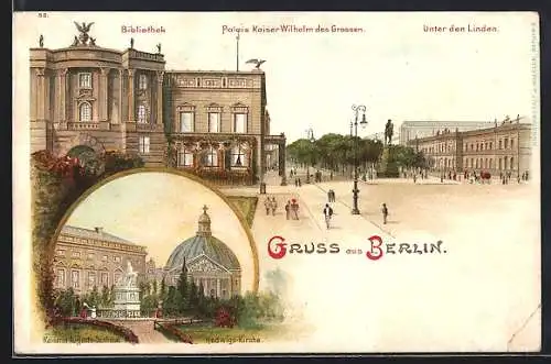 Lithographie Berlin, Palais Kaiser Wilhelm des Grossen u. Hedwigs-Kirche