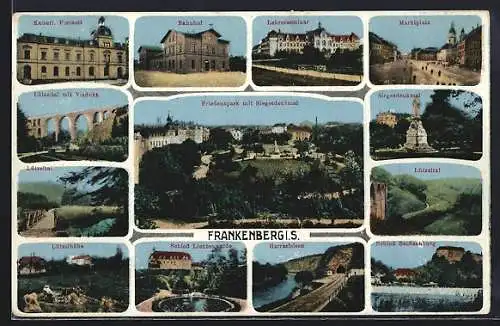 AK Frankenberg i. S., Marktplatz, Lützeltal mit Viadukt, Harrasfelsen, Siegesdenkmal, Schloss Sachsenburg