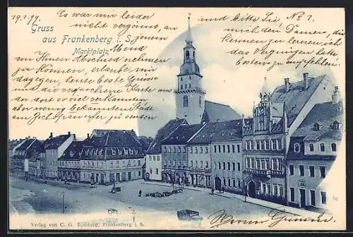 AK Frankenberg i. S., Marktplatz mit Geschäften und Kirche