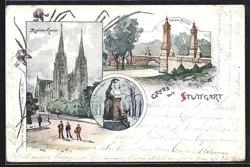 Künstler-AK Stuttgart, Neckar-Brücke, Marien-Kirche